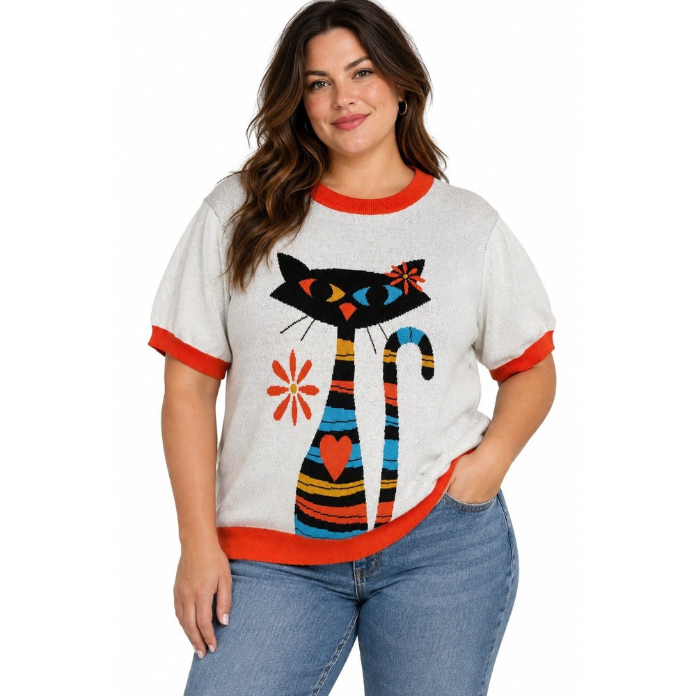 OXKNIT Retro Cat Graphic Knit Top 2XL Orange White Mod Novelty